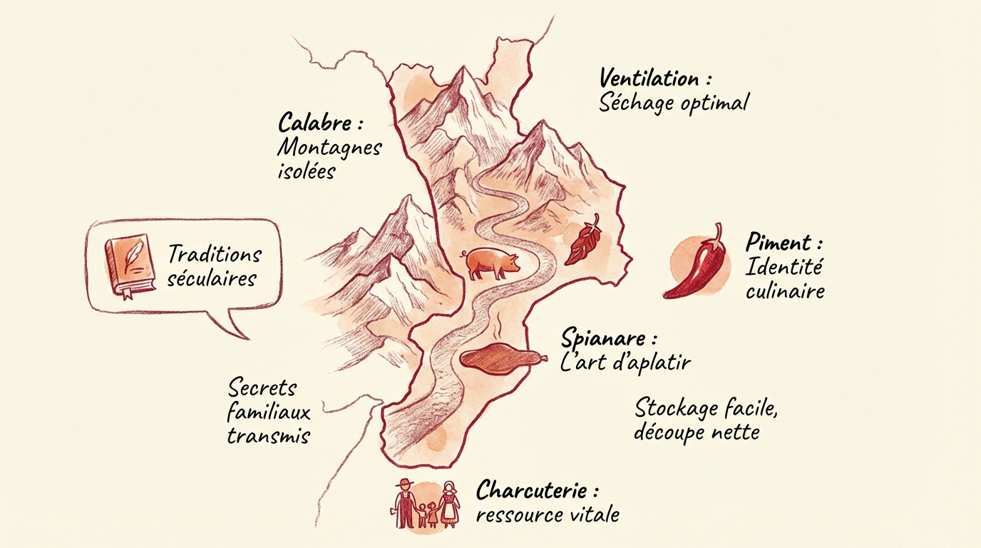 Carte de la Calabre illustrant les zones de traditions charcutières artisanales
