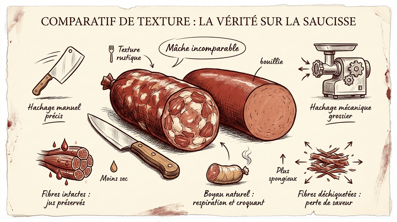 Comparaison entre la texture d'une saucisse hachée au couteau et une saucisse industrielle