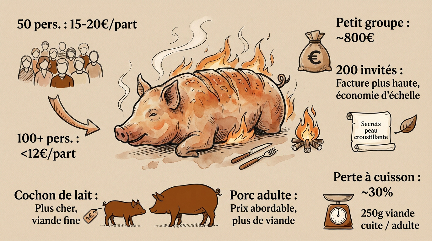Cochon de lait doré tournant sur une broche au-dessus d'un feu de bois