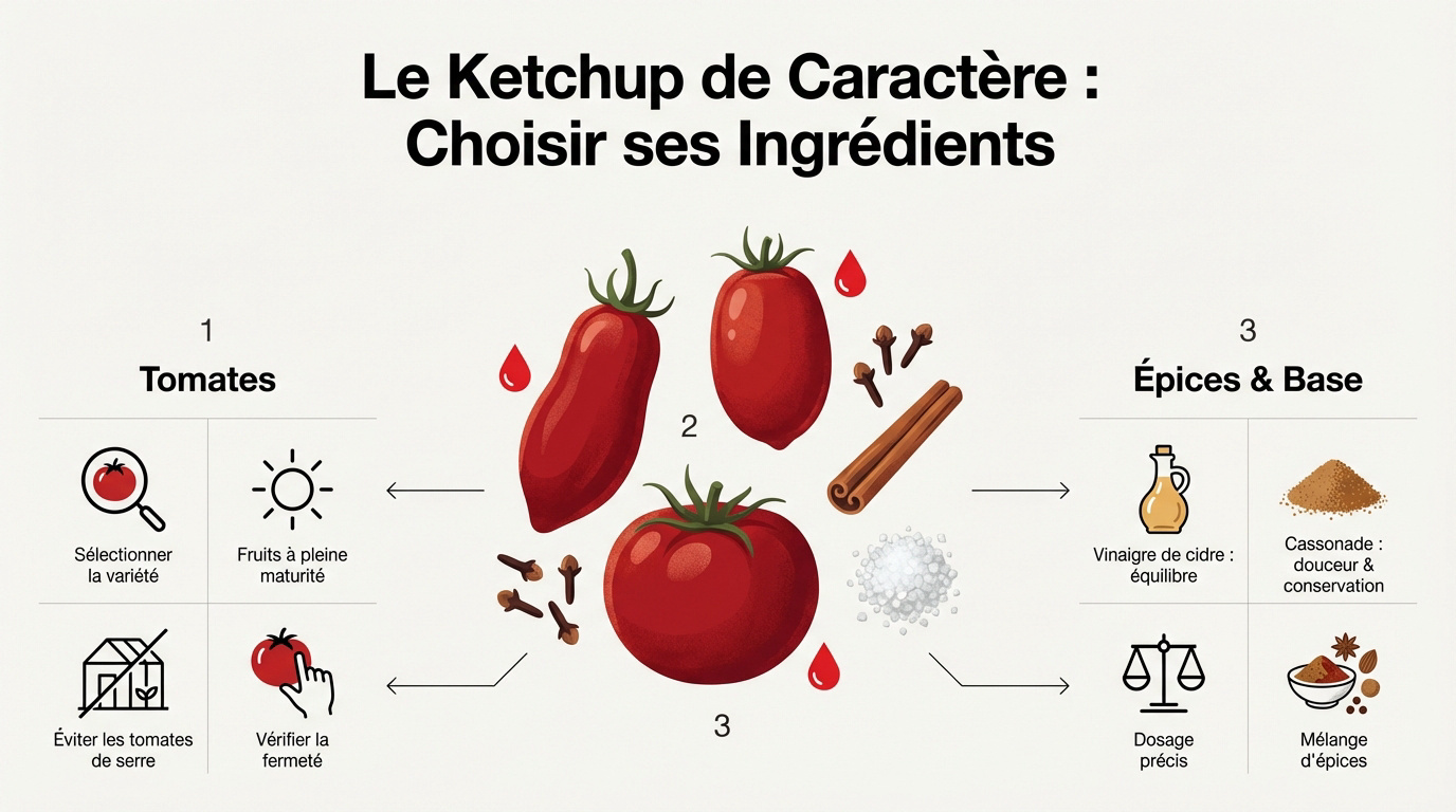 Sélection de tomates charnues et d'épices pour un ketchup maison