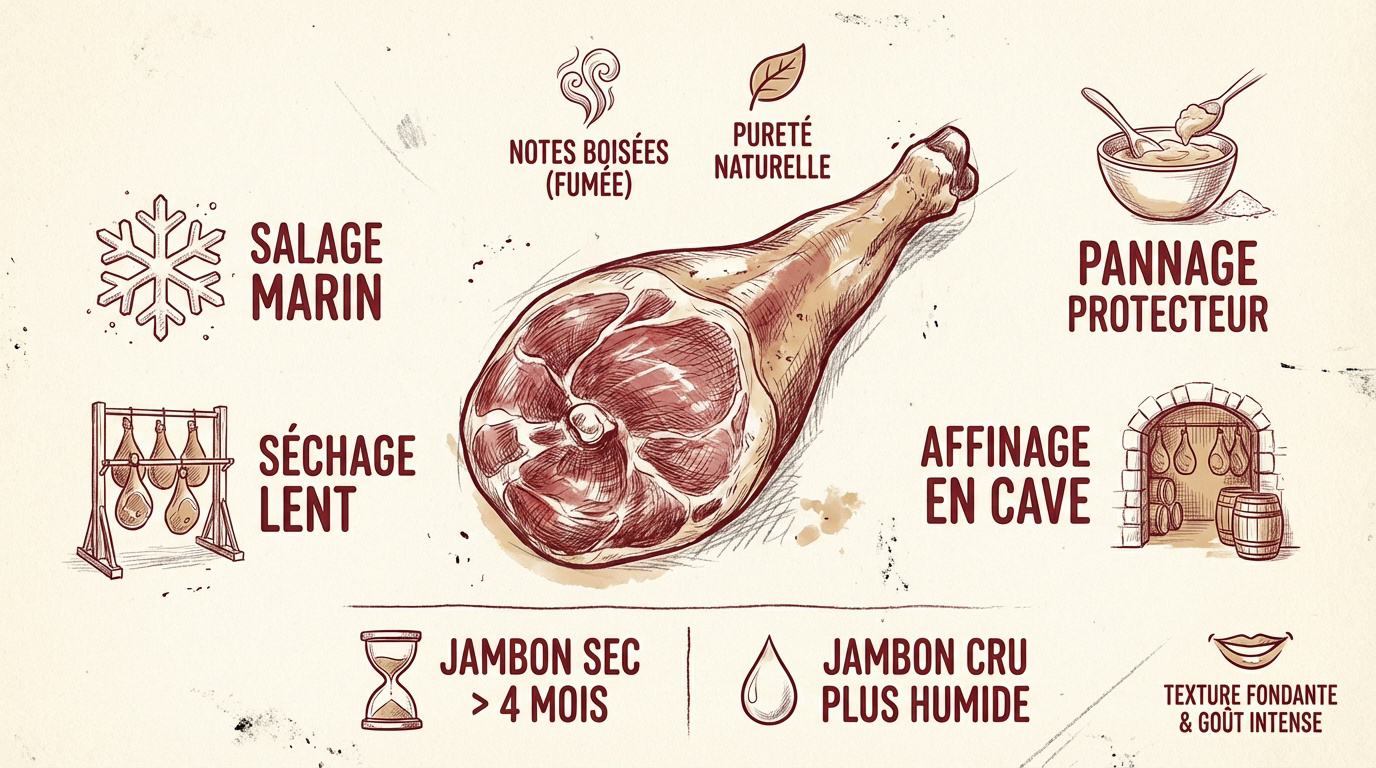Artisan vérifiant l'affinage d'un jambon cru suspendu en cave