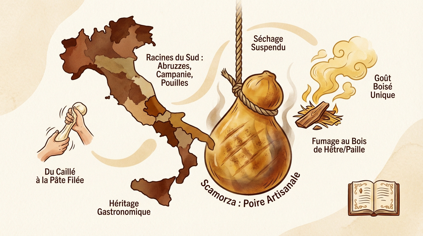 Scamorza fumée artisanale suspendue pour l'affinage traditionnel