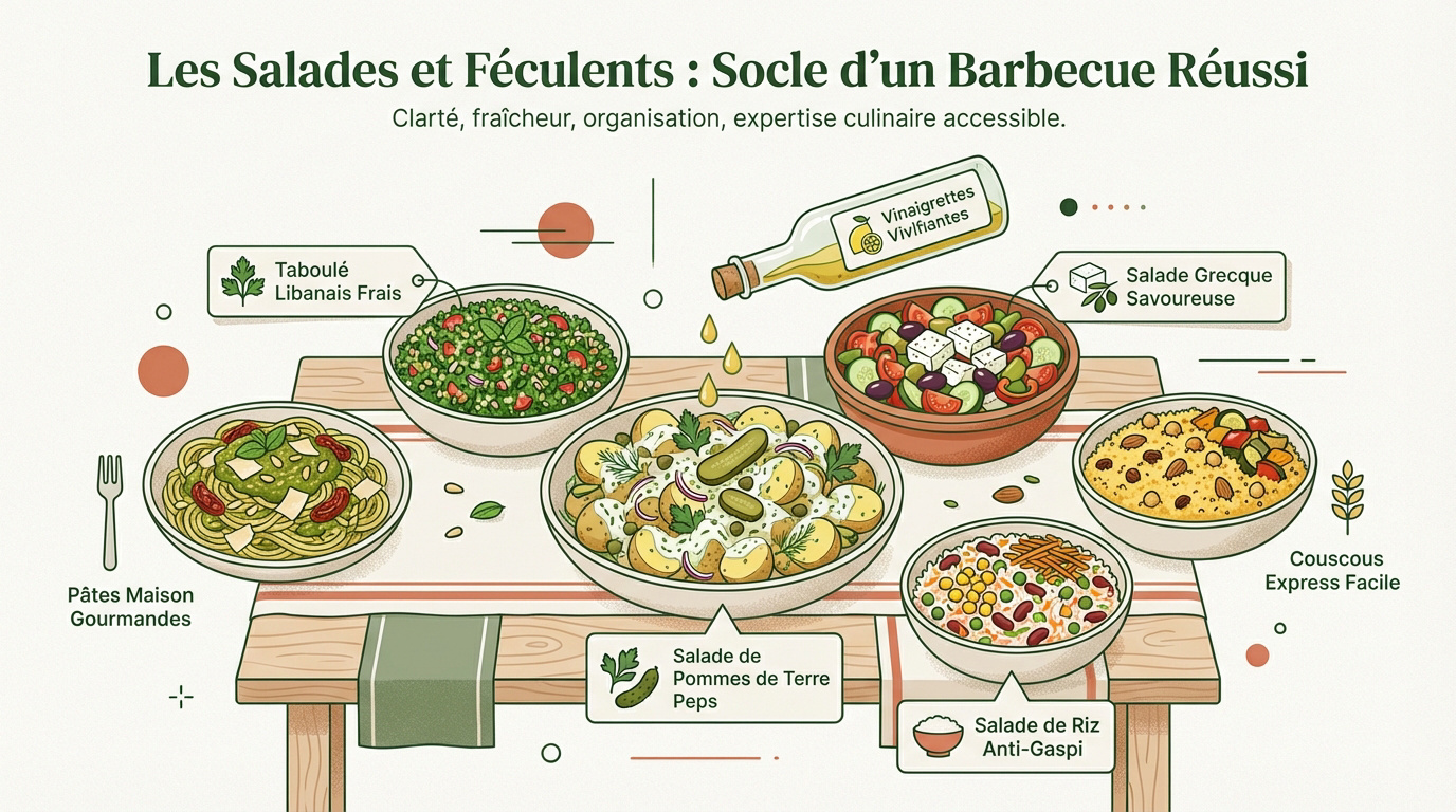 Assortiment de salades fraîches et féculents pour accompagner un barbecue convivial