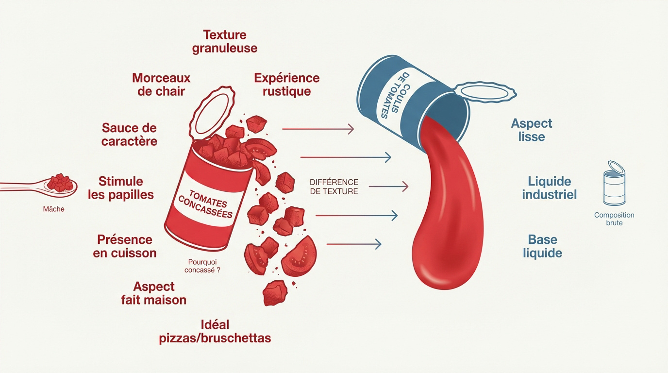 Comparaison visuelle entre la texture granuleuse des tomates concassées et l'aspect lisse du coulis